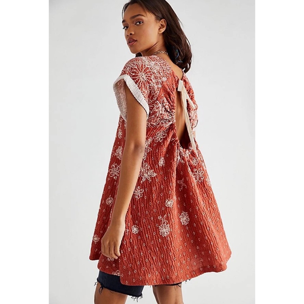 Free‎ People Pinwheel Mini Dress Cotton Gauze Floral Print Back Tie Size M